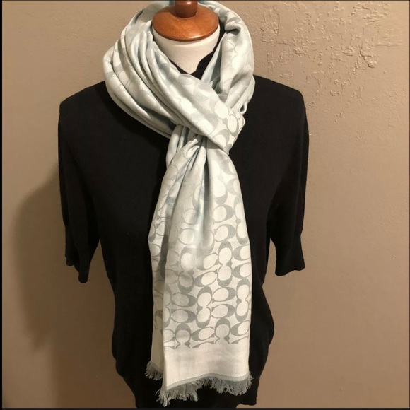 NEW Coach Signature Lightwt Stole/Scarf in Mint/DuckEgg Blue 50%Silk Rare 84x26” - Picture 5 of 16